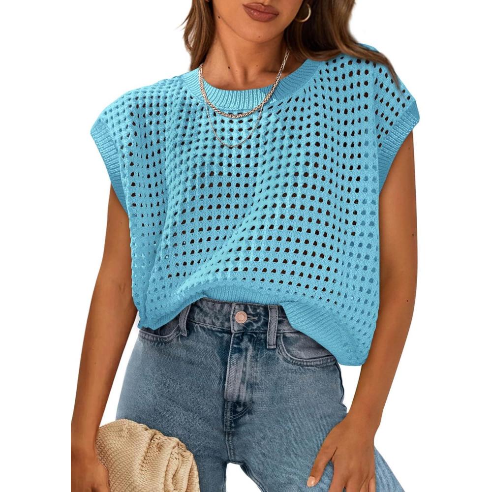 imagePRETTYGARDEN Womens Spring Tops 2026 Summer Shirts Crochet Cap Sleeve Sweater Pullover Cute Beach Vacation ClothesSky Blue