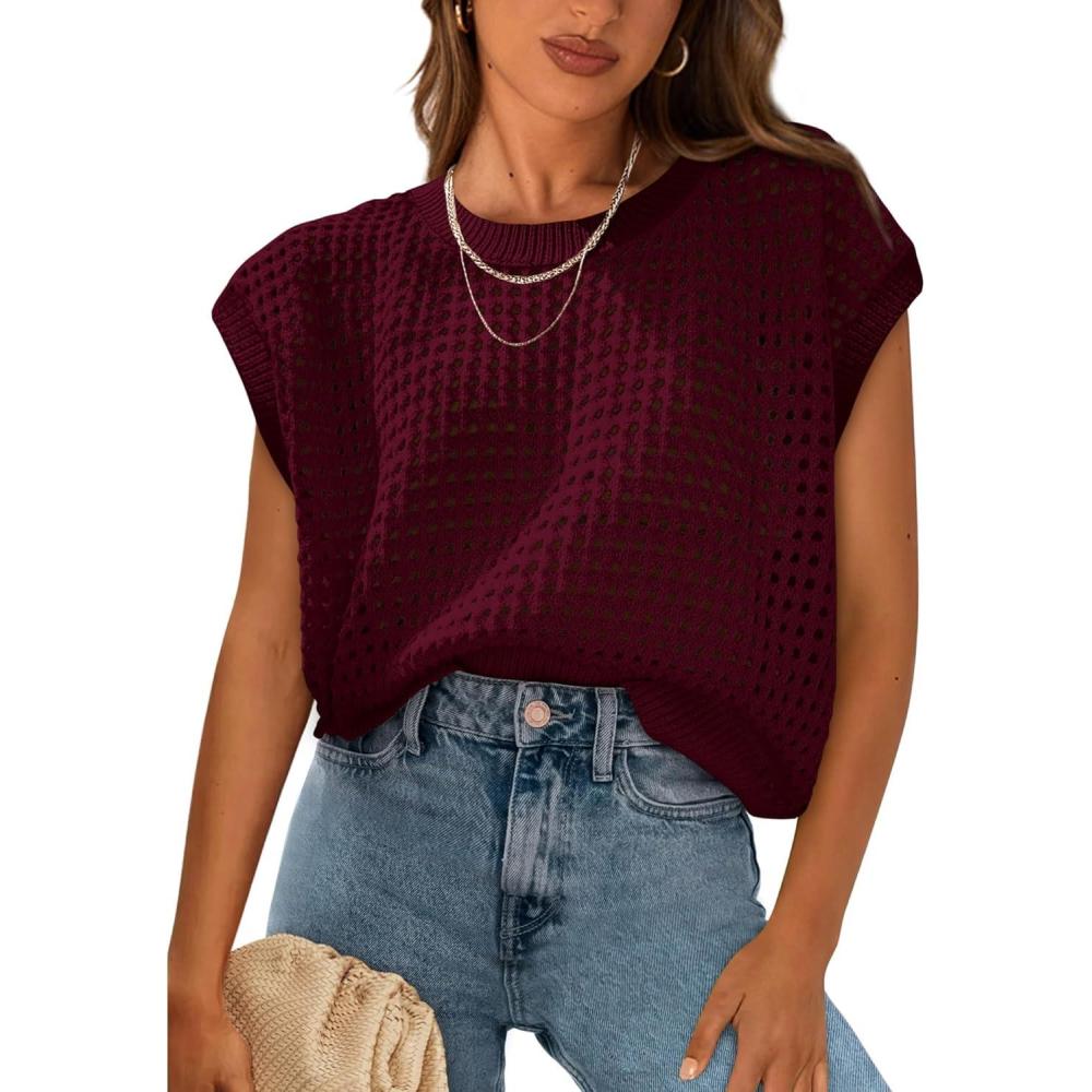 imagePRETTYGARDEN Womens Spring Tops 2026 Summer Shirts Crochet Cap Sleeve Sweater Pullover Cute Beach Vacation ClothesWine Red