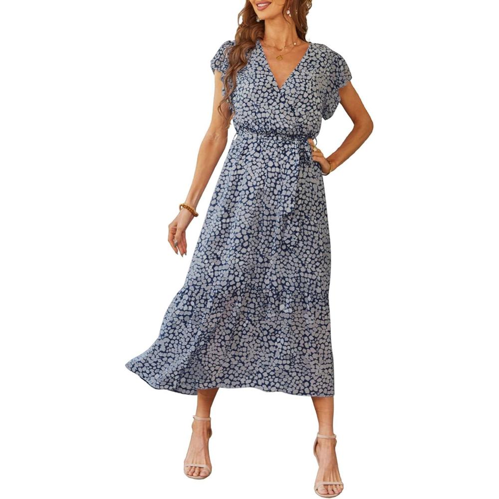 imagePRETTYGARDEN Womens Summer Floral Boho Maxi Dress Short Sleeve Wrap V Neck Ruffle Long Flowy Beach Wedding Guest DressesBlue01