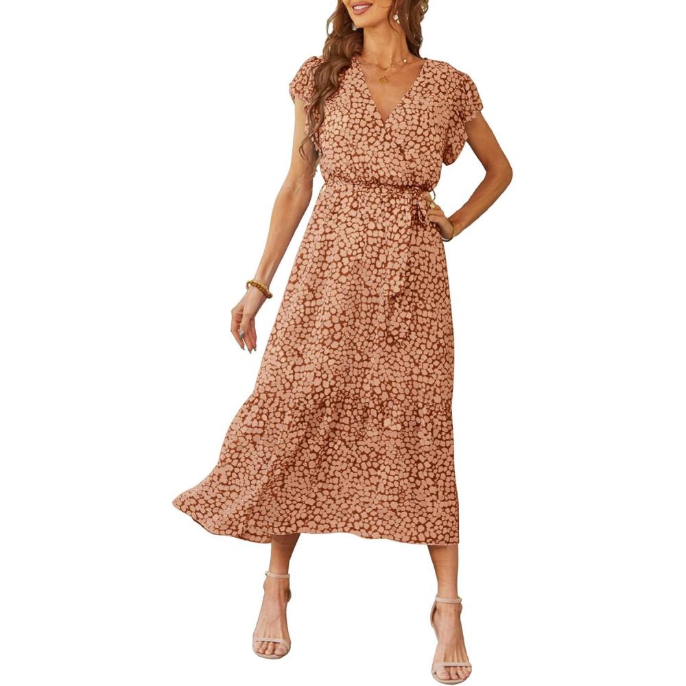 imagePRETTYGARDEN Womens Summer Floral Boho Maxi Dress Short Sleeve Wrap V Neck Ruffle Long Flowy Beach Wedding Guest DressesCoffee