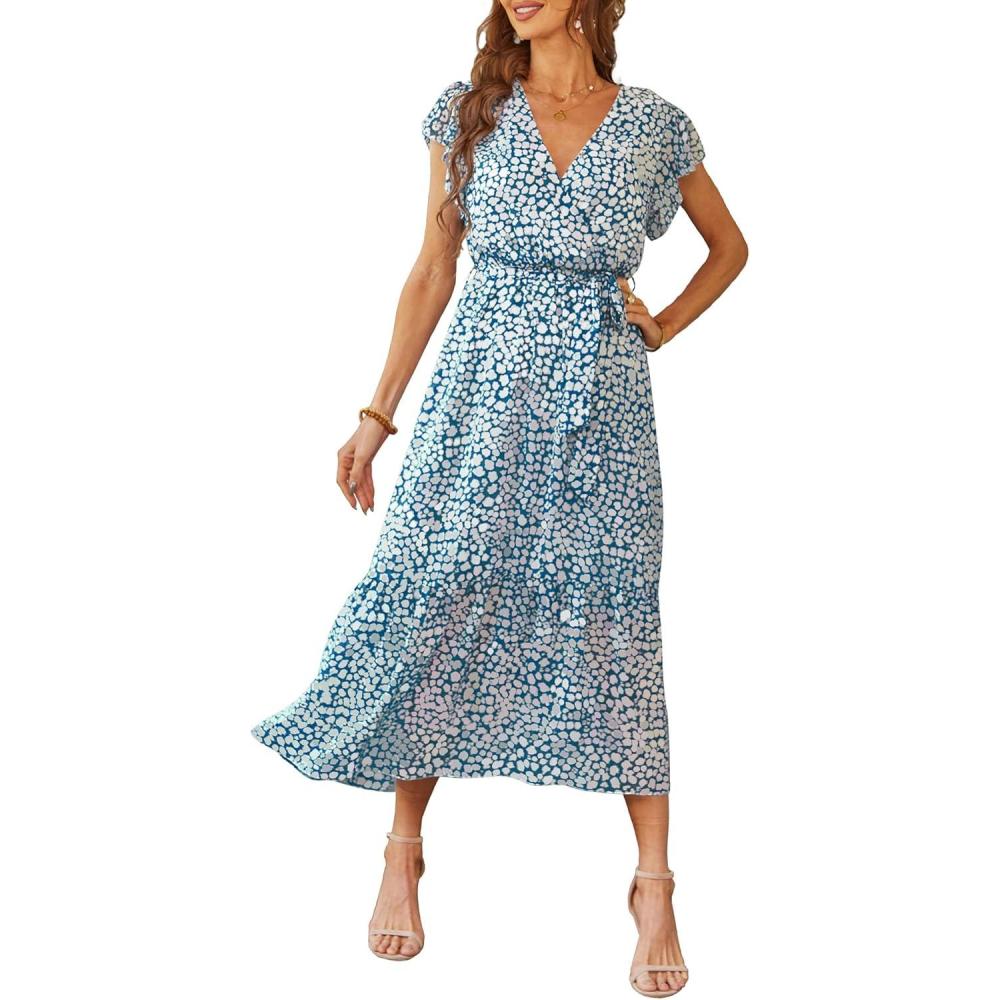 imagePRETTYGARDEN Womens Summer Floral Boho Maxi Dress Short Sleeve Wrap V Neck Ruffle Long Flowy Beach Wedding Guest DressesDark Blue