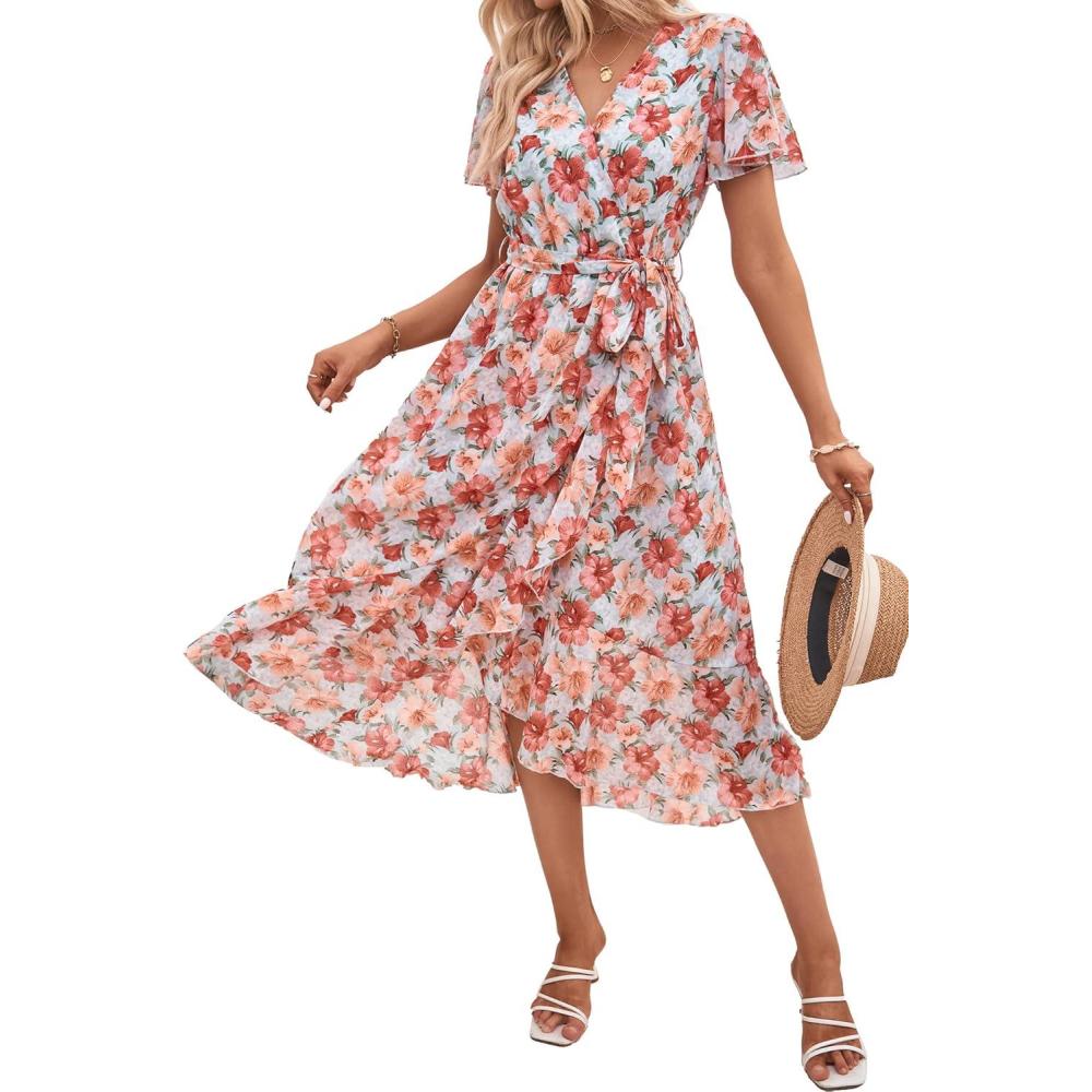 imagePRETTYGARDEN Womens Summer Floral Boho Maxi Dress Short Sleeve Wrap V Neck Ruffle Long Flowy Beach Wedding Guest DressesGreen Pink Floral