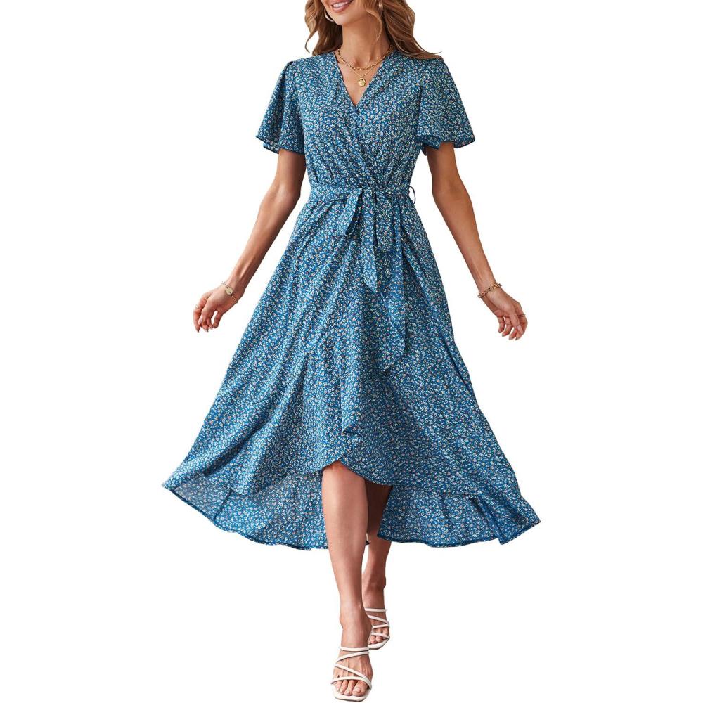 imagePRETTYGARDEN Womens Summer Floral Boho Maxi Dress Short Sleeve Wrap V Neck Ruffle Long Flowy Beach Wedding Guest DressesPrint Blue