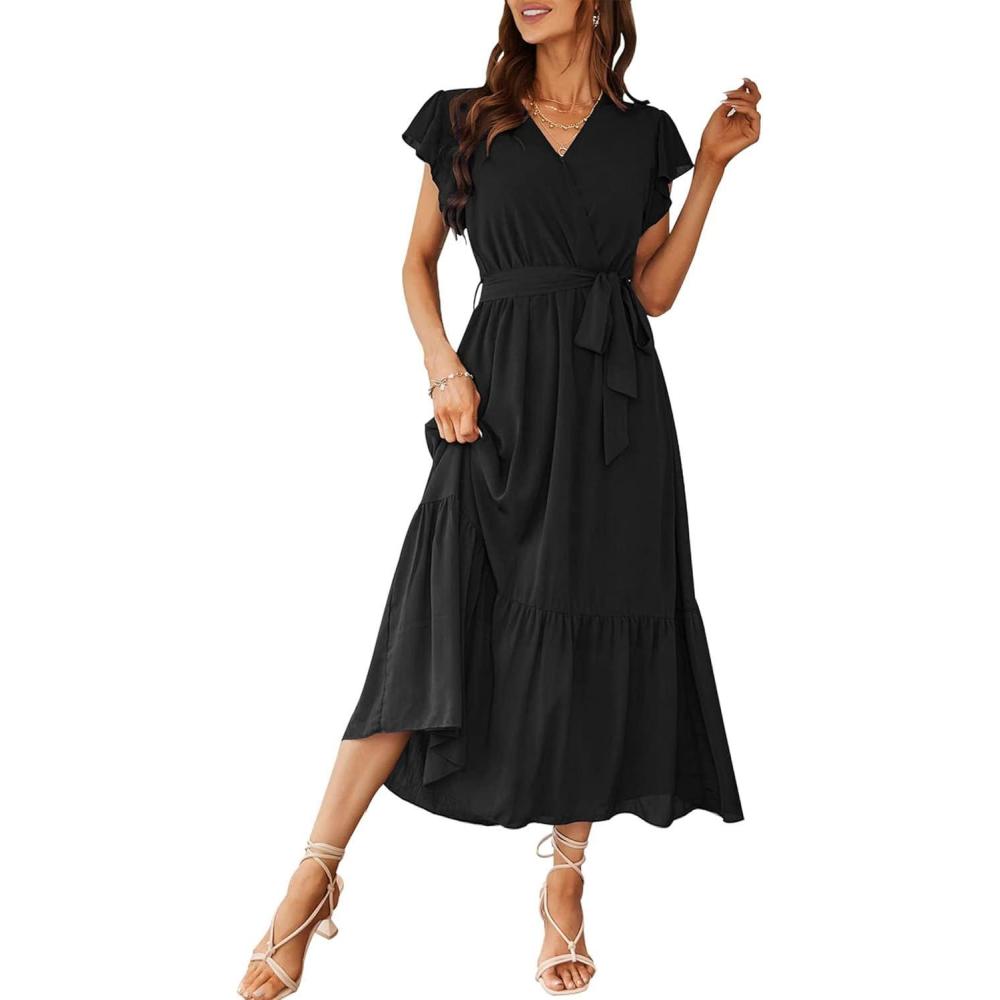imagePRETTYGARDEN Womens Summer Floral Boho Maxi Dress Short Sleeve Wrap V Neck Ruffle Long Flowy Beach Wedding Guest DressesSolid Black