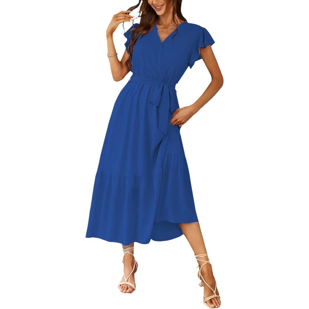 imagePRETTYGARDEN Womens Summer Floral Boho Maxi Dress Short Sleeve Wrap V Neck Ruffle Long Flowy Beach Wedding Guest DressesSolid Dark Blue