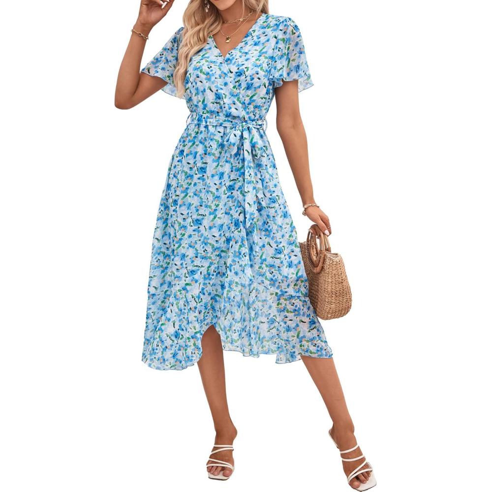 imagePRETTYGARDEN Womens Summer Floral Boho Maxi Dress Short Sleeve Wrap V Neck Ruffle Long Flowy Beach Wedding Guest DressesWhite Blue Floral