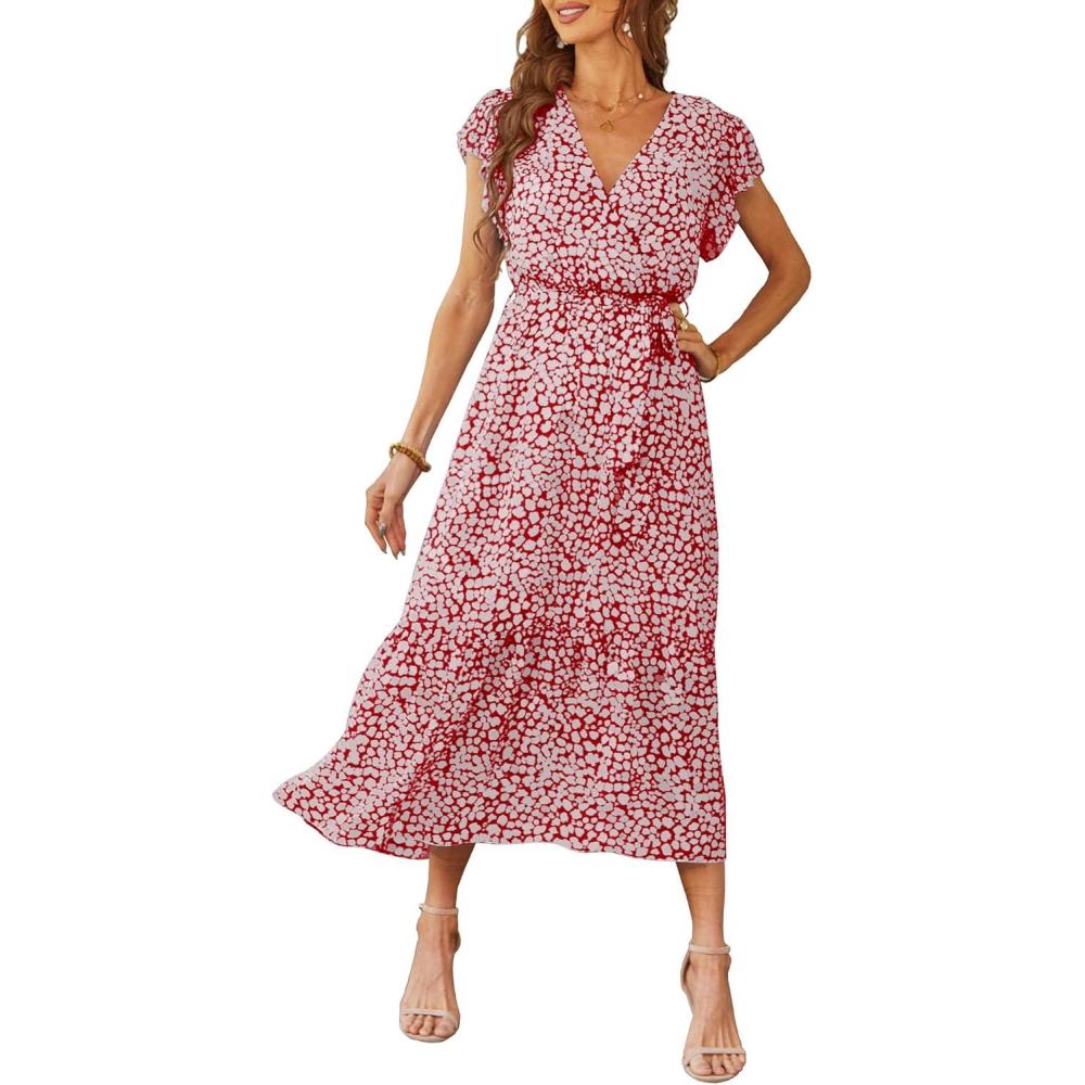 imagePRETTYGARDEN Womens Summer Floral Boho Maxi Dress Short Sleeve Wrap V Neck Ruffle Long Flowy Beach Wedding Guest DressesWine Red