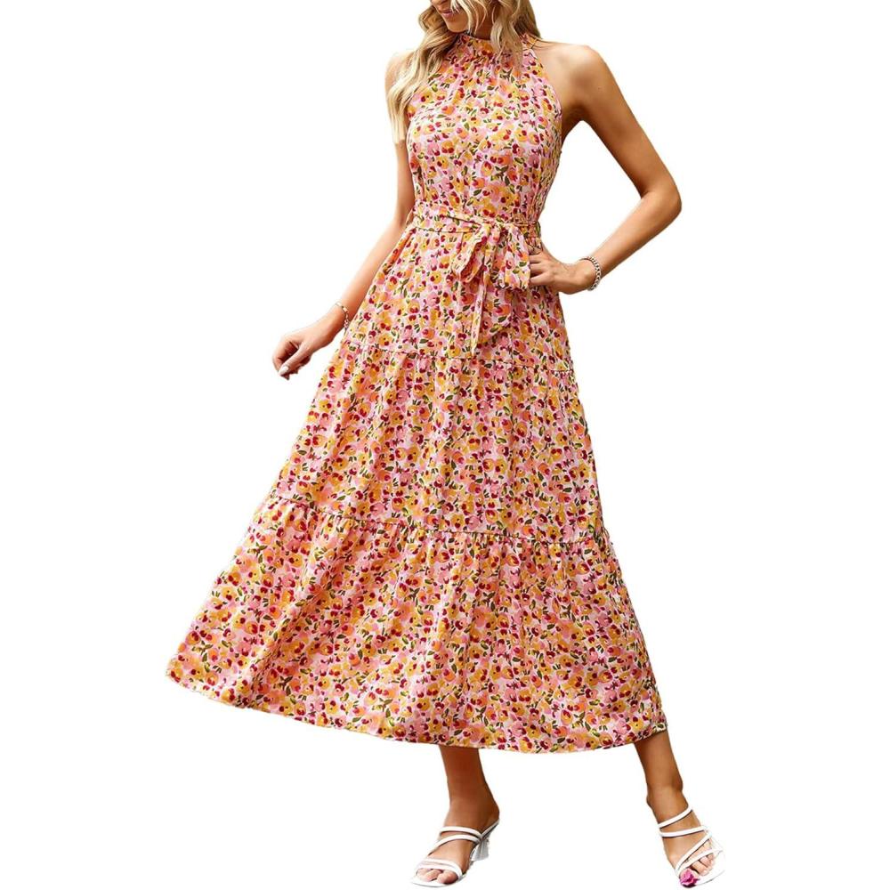 imagePRETTYGARDEN Womens Summer Floral Maxi Sun Dress Sleeveless Halter Neck Flowy Ruffle Hem Long Boho Dresses with BeltFloral Apricot