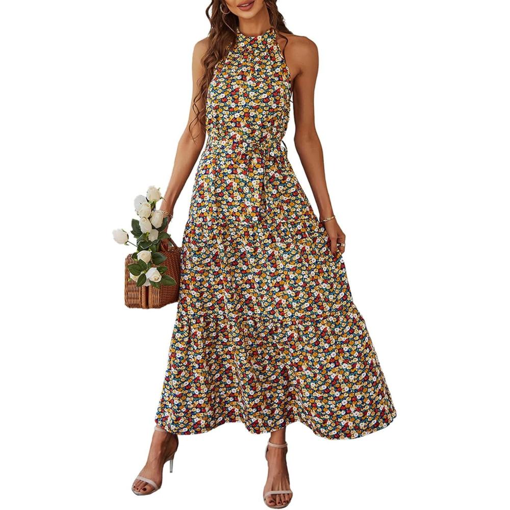 imagePRETTYGARDEN Womens Summer Floral Maxi Sun Dress Sleeveless Halter Neck Flowy Ruffle Hem Long Boho Dresses with BeltFloral Blue
