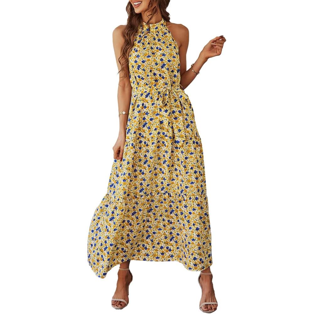 imagePRETTYGARDEN Womens Summer Floral Maxi Sun Dress Sleeveless Halter Neck Flowy Ruffle Hem Long Boho Dresses with BeltFloral Yellow