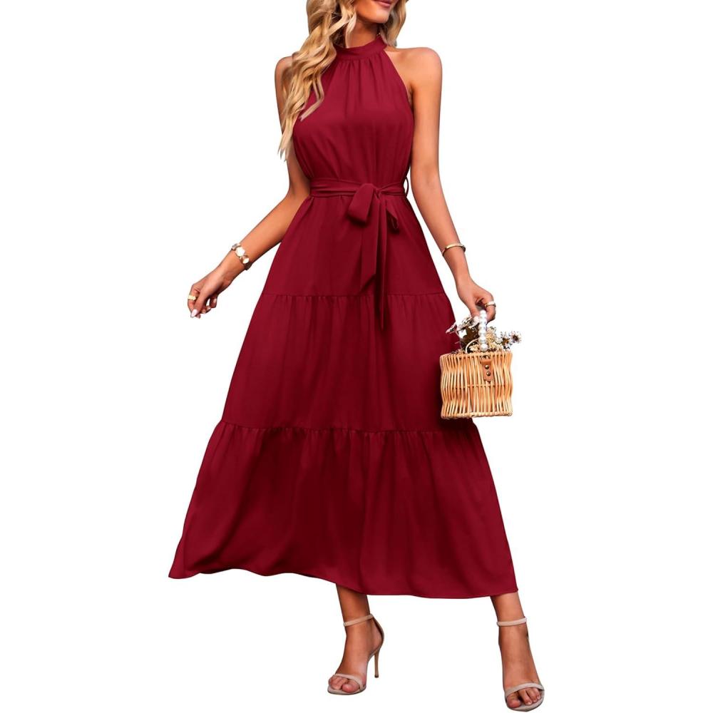 imagePRETTYGARDEN Womens Summer Floral Maxi Sun Dress Sleeveless Halter Neck Flowy Ruffle Hem Long Boho Dresses with BeltSolid Wine Red