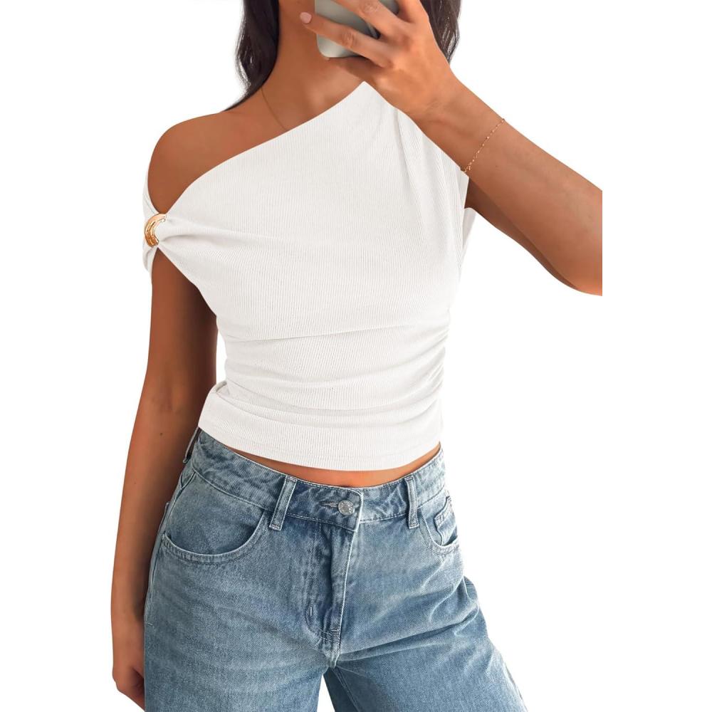 imagePRETTYGARDEN Womens Summer Off The Shoulder Crop Tops Ribbed Going Out Fitting T Shirts Trendy Spring Y2k Clothes 2026White