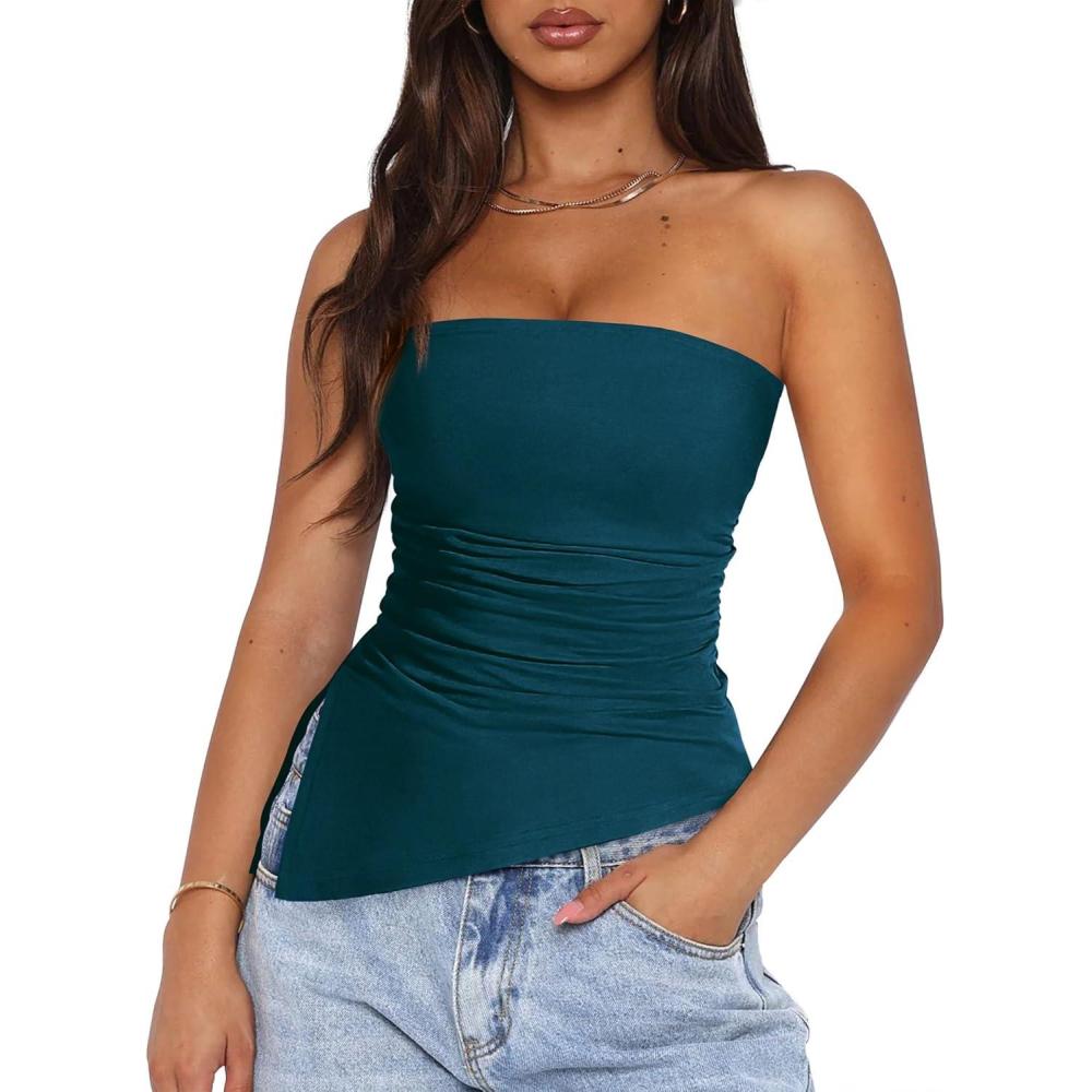 imagePRETTYGARDEN Womens Tube Top 2026 Summer Trendy Strapless Going Out Outfits Ruched Asymmetrical Bandeau Shirts Spring ClothesDark Blue