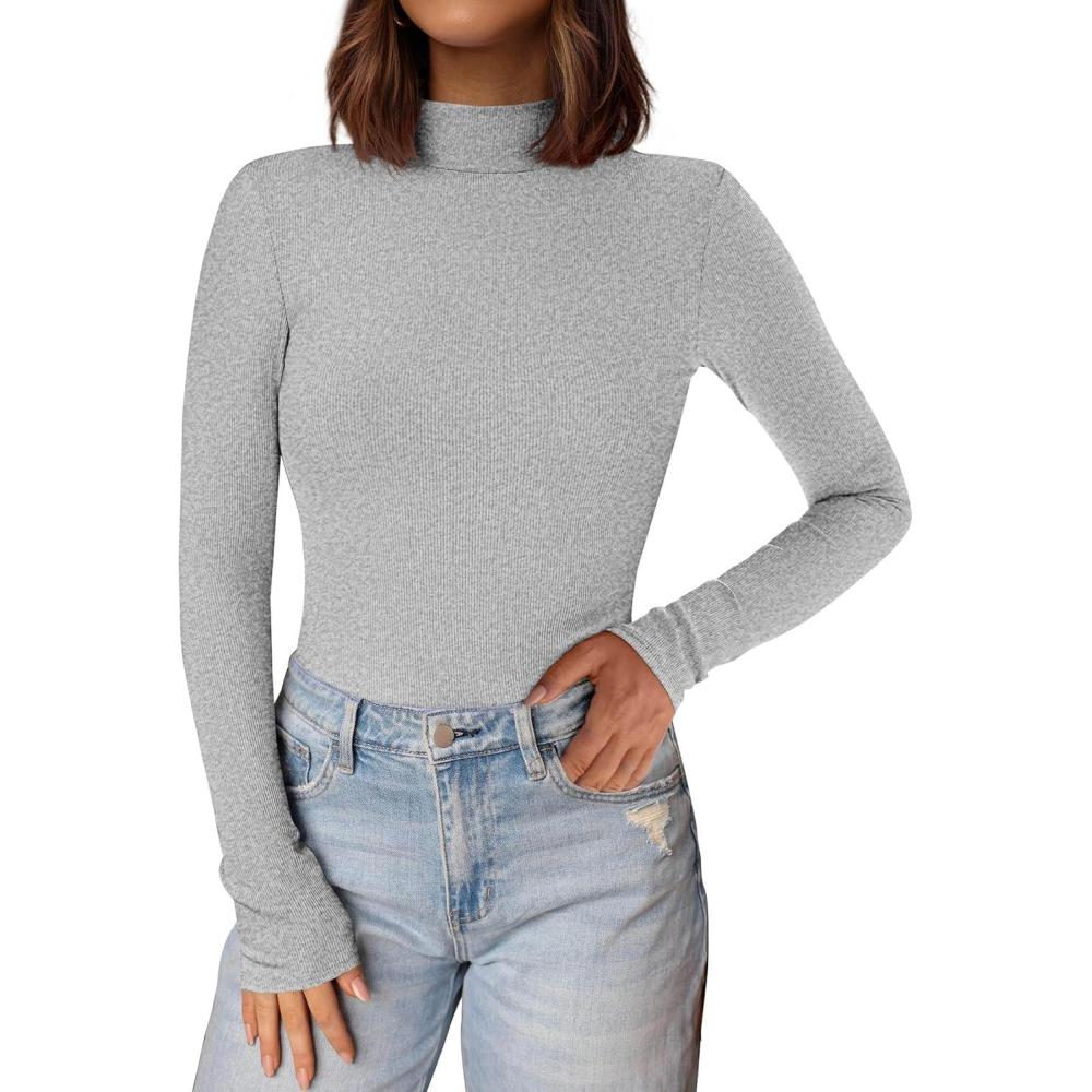 imagePRETTYGARDEN Womens Turtleneck Long Sleeve Shirts 2025 Fall Basic Tees Ribbed Fitted Tops Thermal Layering Knit Top ClothesGrey