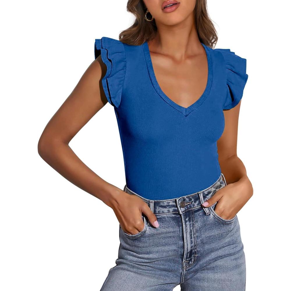 imagePRETTYGARDEN Womens V Neck Summer Tops Ruffle Sleeveless Slim Fit T Shirts Going Out Casual Blouses 2026Blue
