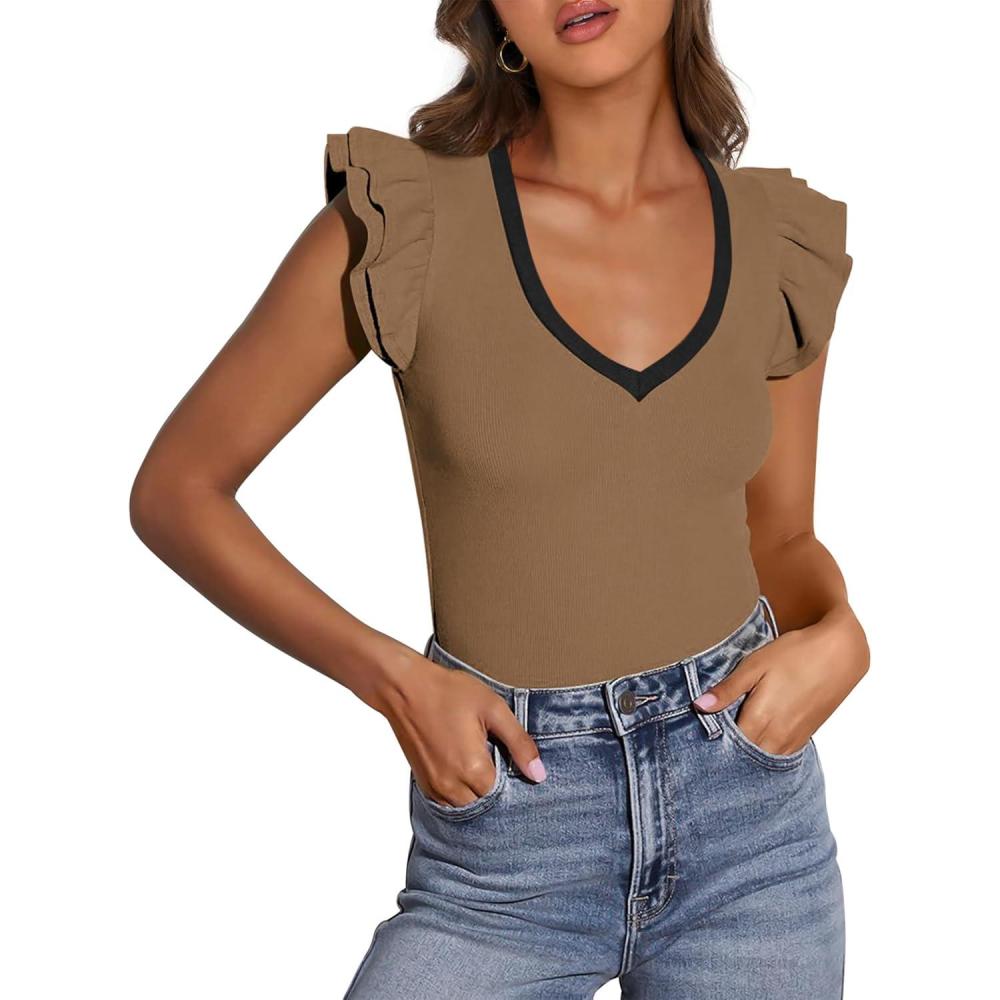 imagePRETTYGARDEN Womens V Neck Summer Tops Ruffle Sleeveless Slim Fit T Shirts Going Out Casual Blouses 2026Camel