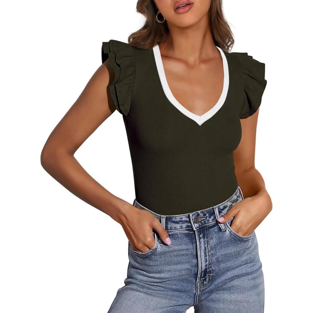 imagePRETTYGARDEN Womens V Neck Summer Tops Ruffle Sleeveless Slim Fit T Shirts Going Out Casual Blouses 2026Dark Army Green