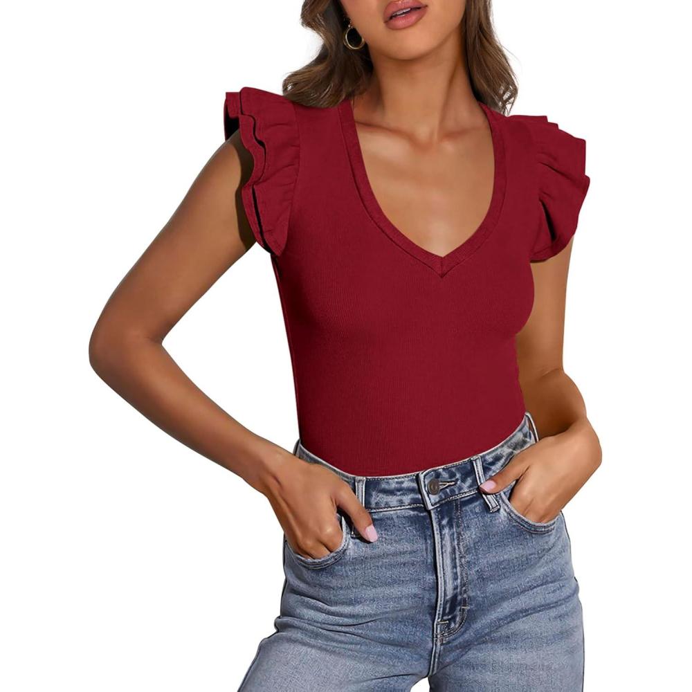 imagePRETTYGARDEN Womens V Neck Summer Tops Ruffle Sleeveless Slim Fit T Shirts Going Out Casual Blouses 2026Wine Red