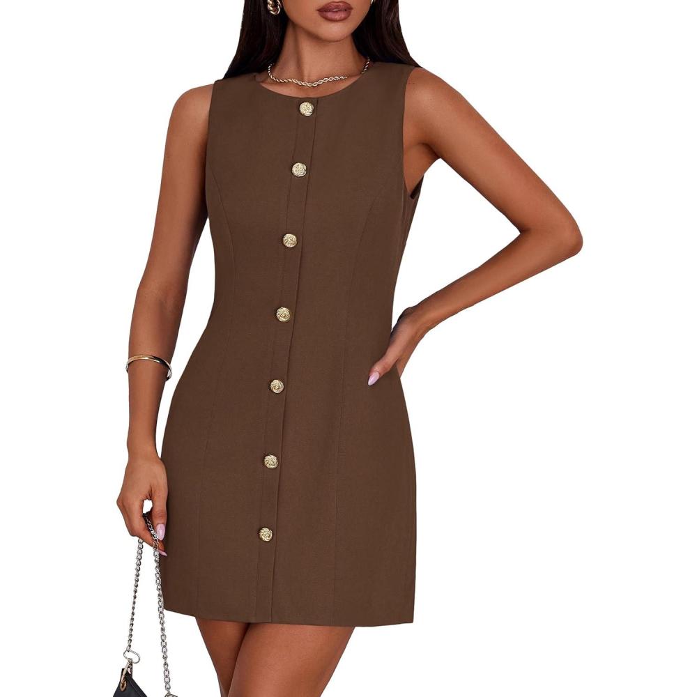 imagePRETTYGARDEN Work Dresses for Women 2026 Summer Business Formal Short Dress Sleeveless Button Down Elegant Office OutfitsBrown