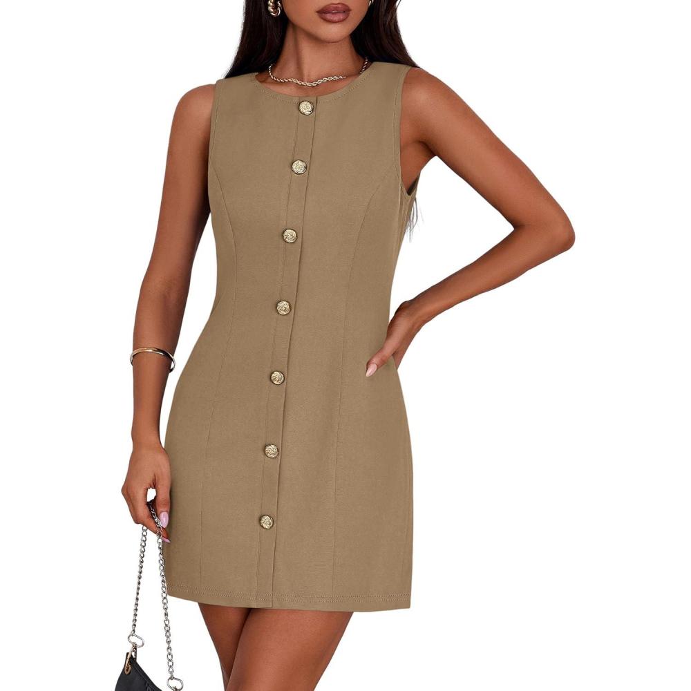 imagePRETTYGARDEN Work Dresses for Women 2026 Summer Business Formal Short Dress Sleeveless Button Down Elegant Office OutfitsDark Khaki