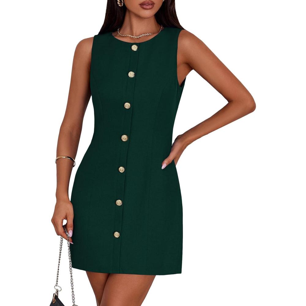 imagePRETTYGARDEN Work Dresses for Women 2026 Summer Business Formal Short Dress Sleeveless Button Down Elegant Office OutfitsGreen