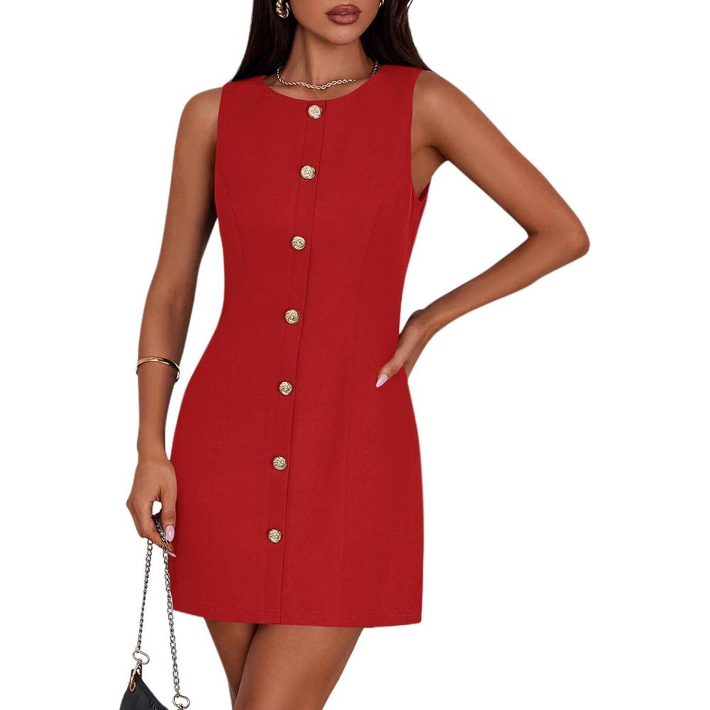 imagePRETTYGARDEN Work Dresses for Women 2026 Summer Business Formal Short Dress Sleeveless Button Down Elegant Office OutfitsRed