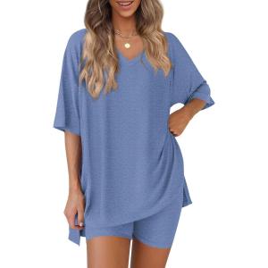 PRETTYGARDEN 2 Piece Sets for Women Summer 2026 Lounge Short Set Spring Matching Biker Shorts V Neck Oversized Shirt Clothing(Grey Blue)