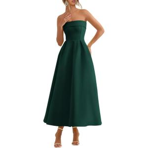 PRETTYGARDEN Cocktail Dresses for Women 2026 Summer Formal Elegant Tube Top Strapless Spring Wedding Guest Party Midi Dress(Dark Green)
