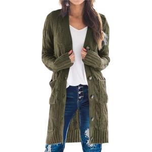PRETTYGARDEN Long Sleeve Cable Knit Long Cardigan for Women 2025 Fall Winter Chunky Open Front Button Sweaters with Pockets(Army Green)