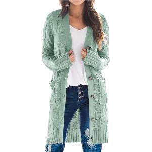 PRETTYGARDEN Long Sleeve Cable Knit Long Cardigan for Women 2025 Fall Winter Chunky Open Front Button Sweaters with Pockets(Bean Green)