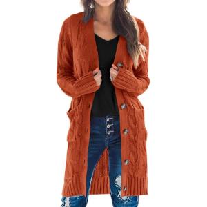 PRETTYGARDEN Long Sleeve Cable Knit Long Cardigan for Women 2025 Fall Winter Chunky Open Front Button Sweaters with Pockets(Caramel)