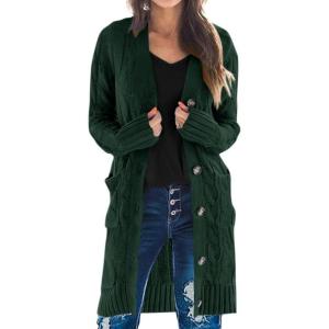 PRETTYGARDEN Long Sleeve Cable Knit Long Cardigan for Women 2025 Fall Winter Chunky Open Front Button Sweaters with Pockets(Dark Green)