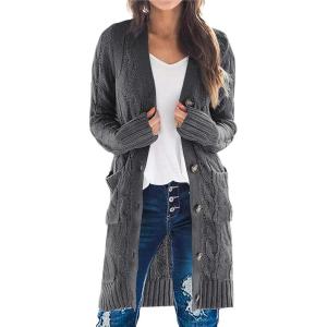 PRETTYGARDEN Long Sleeve Cable Knit Long Cardigan for Women 2025 Fall Winter Chunky Open Front Button Sweaters with Pockets(Dark Grey)