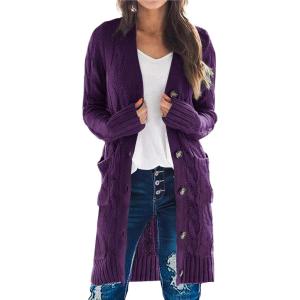 PRETTYGARDEN Long Sleeve Cable Knit Long Cardigan for Women 2025 Fall Winter Chunky Open Front Button Sweaters with Pockets(Deep Purple)