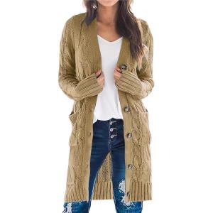 PRETTYGARDEN Long Sleeve Cable Knit Long Cardigan for Women 2025 Fall Winter Chunky Open Front Button Sweaters with Pockets(Khaki)