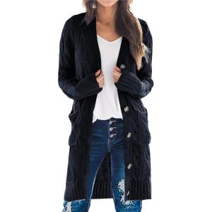 PRETTYGARDEN Long Sleeve Cable Knit Long Cardigan for Women 2025 Fall Winter Chunky Open Front Button Sweaters with Pockets(Navy)