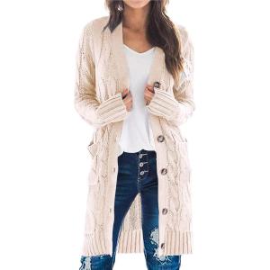 PRETTYGARDEN Long Sleeve Cable Knit Long Cardigan for Women 2025 Fall Winter Chunky Open Front Button Sweaters with Pockets(Off-white)