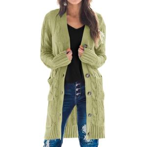 PRETTYGARDEN Long Sleeve Cable Knit Long Cardigan for Women 2025 Fall Winter Chunky Open Front Button Sweaters with Pockets(Olive Green)