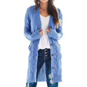 PRETTYGARDEN Long Sleeve Cable Knit Long Cardigan for Women 2025 Fall Winter Chunky Open Front Button Sweaters with Pockets(Sky Blue)