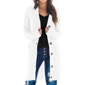 PRETTYGARDEN Long Sleeve Cable Knit Long Cardigan for Women 2025 Fall Winter Chunky Open Front Button Sweaters with Pockets(Snow White)