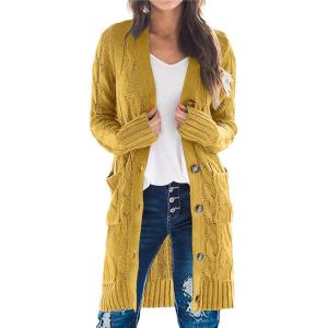 PRETTYGARDEN Long Sleeve Cable Knit Long Cardigan for Women 2025 Fall Winter Chunky Open Front Button Sweaters with Pockets(Yellow)