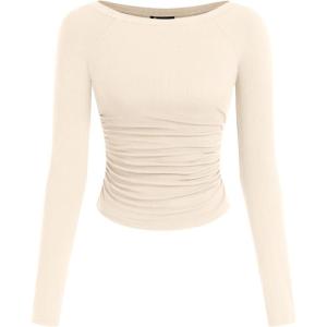 PRETTYGARDEN Long Sleeve Shirts for Women 2025 Fall Ruched Sides Boat Neck Basic Tee Casual Fitted Ribbed Knit Crop Tops(Beige)