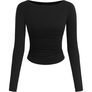 PRETTYGARDEN Long Sleeve Shirts for Women 2025 Fall Ruched Sides Boat Neck Basic Tee Casual Fitted Ribbed Knit Crop Tops(Black)