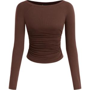 PRETTYGARDEN Long Sleeve Shirts for Women 2025 Fall Ruched Sides Boat Neck Basic Tee Casual Fitted Ribbed Knit Crop Tops(Brown)