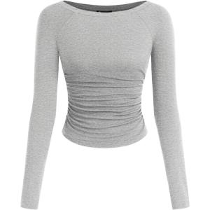 PRETTYGARDEN Long Sleeve Shirts for Women 2025 Fall Ruched Sides Boat Neck Basic Tee Casual Fitted Ribbed Knit Crop Tops(Grey)