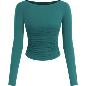 PRETTYGARDEN Long Sleeve Shirts for Women 2025 Fall Ruched Sides Boat Neck Basic Tee Casual Fitted Ribbed Knit Crop Tops(Lake Blue)