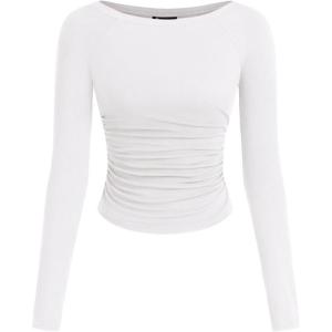 PRETTYGARDEN Long Sleeve Shirts for Women 2025 Fall Ruched Sides Boat Neck Basic Tee Casual Fitted Ribbed Knit Crop Tops(White)