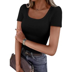 PRETTYGARDEN Short Sleeve Shirts for Women 2026 Summer Trendy Scoop Neck Ribbed Tops Spring Casual Slim Fitted Basic Tees(Black)