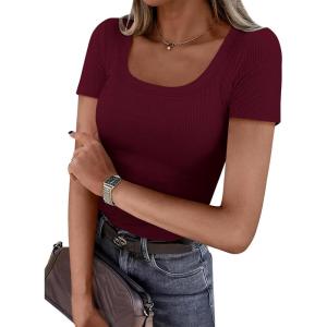 PRETTYGARDEN Short Sleeve Shirts for Women 2026 Summer Trendy Scoop Neck Ribbed Tops Spring Casual Slim Fitted Basic Tees(Burgundy)