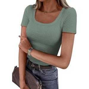 PRETTYGARDEN Short Sleeve Shirts for Women 2026 Summer Trendy Scoop Neck Ribbed Tops Spring Casual Slim Fitted Basic Tees(Sage Green)